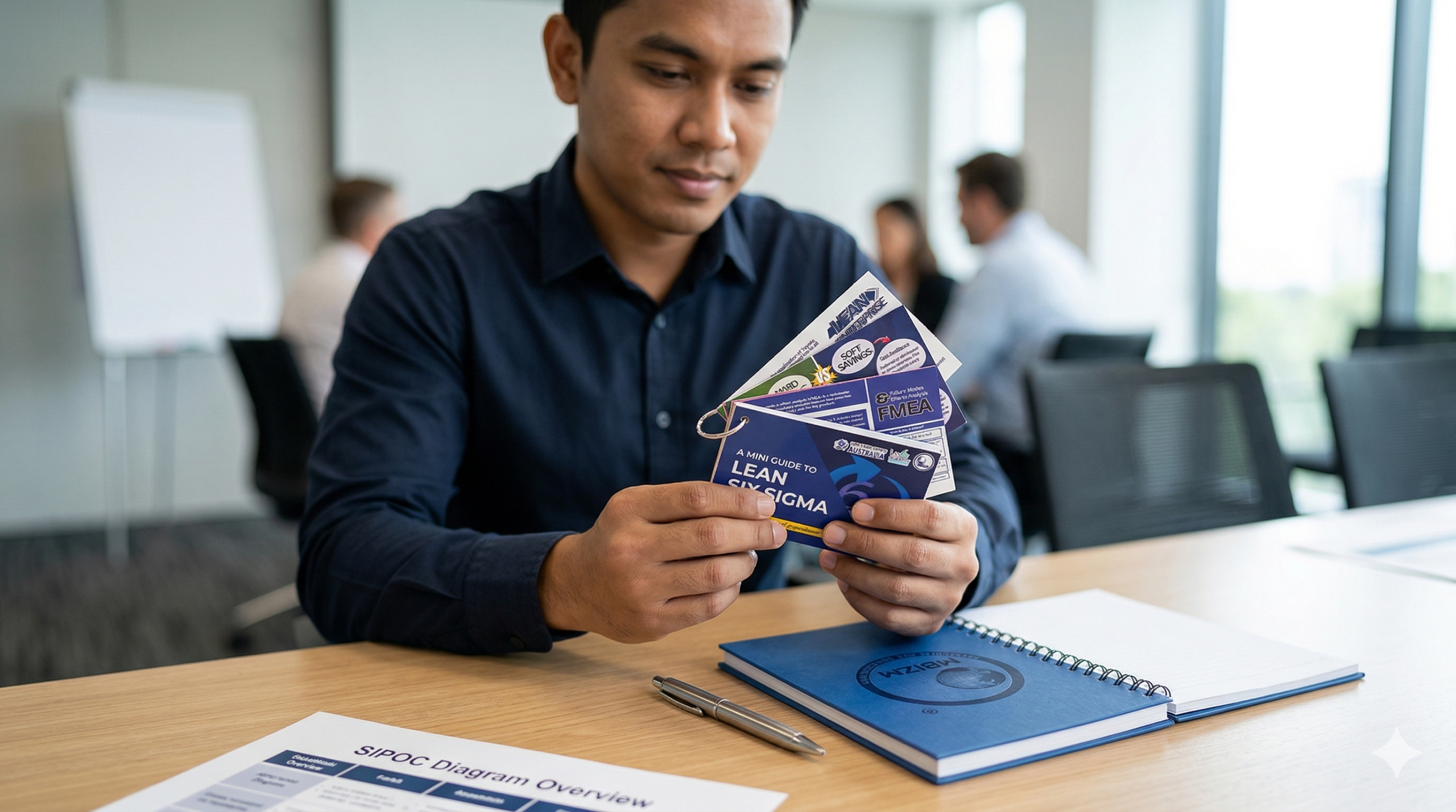 Participant using MBizM Lean Six Sigma flashcards during training