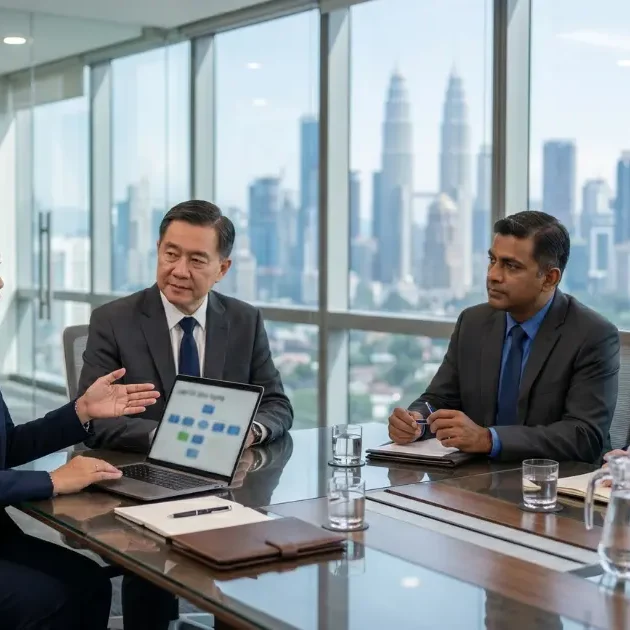 Senior Malaysian business leaders discussing Lean Six Sigma consulting engagement in a modern Kuala Lumpur office
