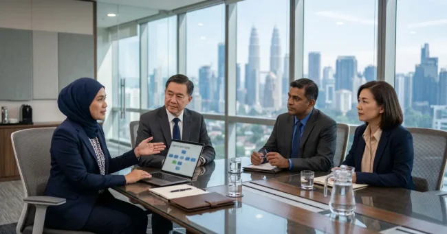 Senior Malaysian business leaders discussing Lean Six Sigma consulting engagement in a modern Kuala Lumpur office