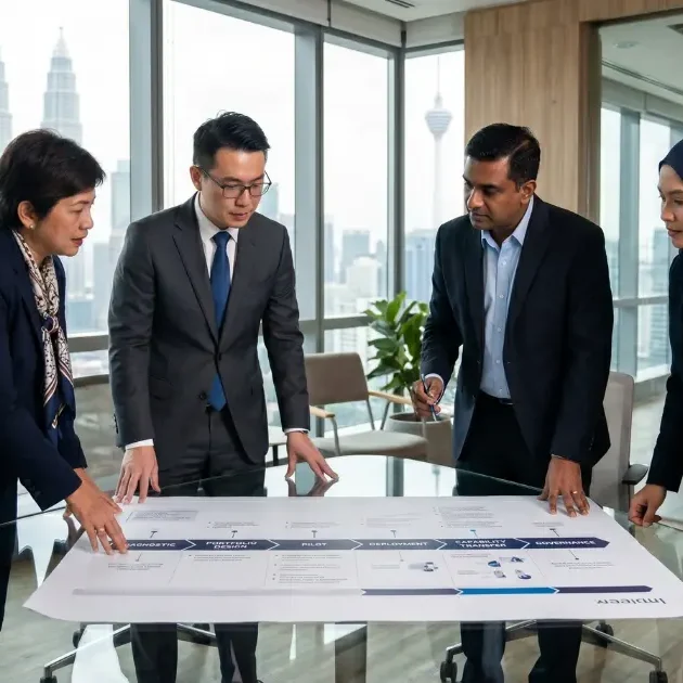 Malaysian executive team reviewing a Lean Six Sigma implementation roadmap covering diagnostic, pilot, deployment, and capability transfer phases