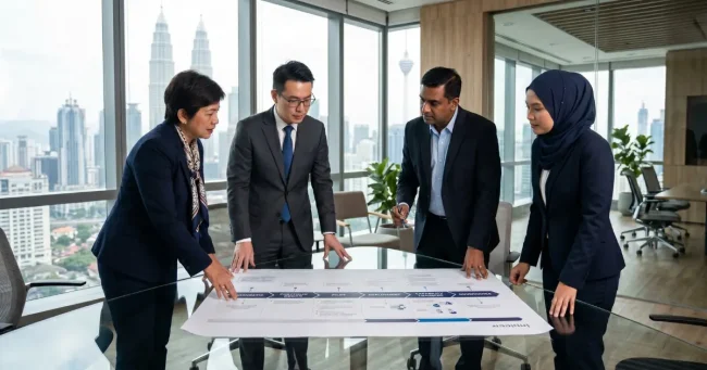 Malaysian executive team reviewing a Lean Six Sigma implementation roadmap covering diagnostic, pilot, deployment, and capability transfer phases