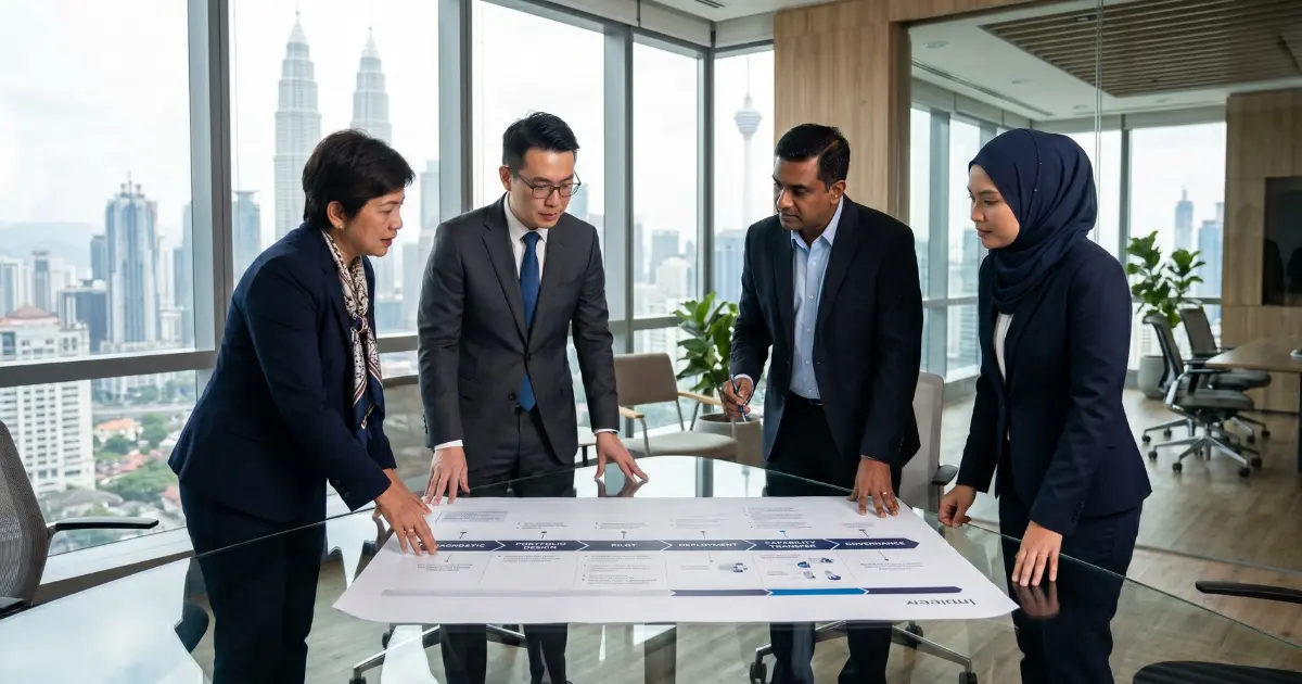 Malaysian executive team reviewing a Lean Six Sigma implementation roadmap covering diagnostic, pilot, deployment, and capability transfer phases